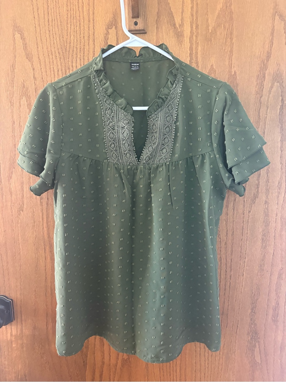SHEIN Olive Green Ruffle V-Neck Blouse